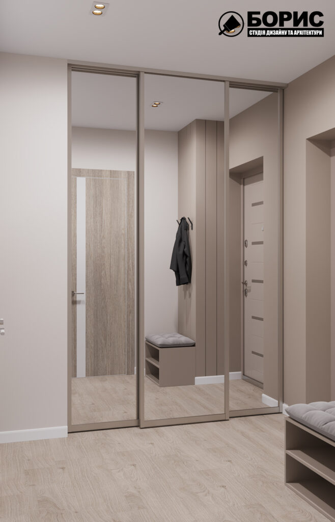 Дизайн интерьера однокомнатной квартиры ЖК «Меридиан», прихожая вид справа