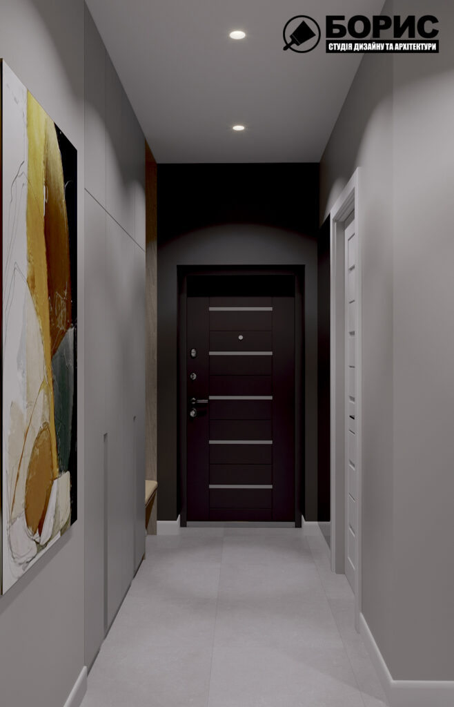 Дизайн інтер'єру однокімнатної квартири ЖК «Черемушки», передпокій вид ззаду