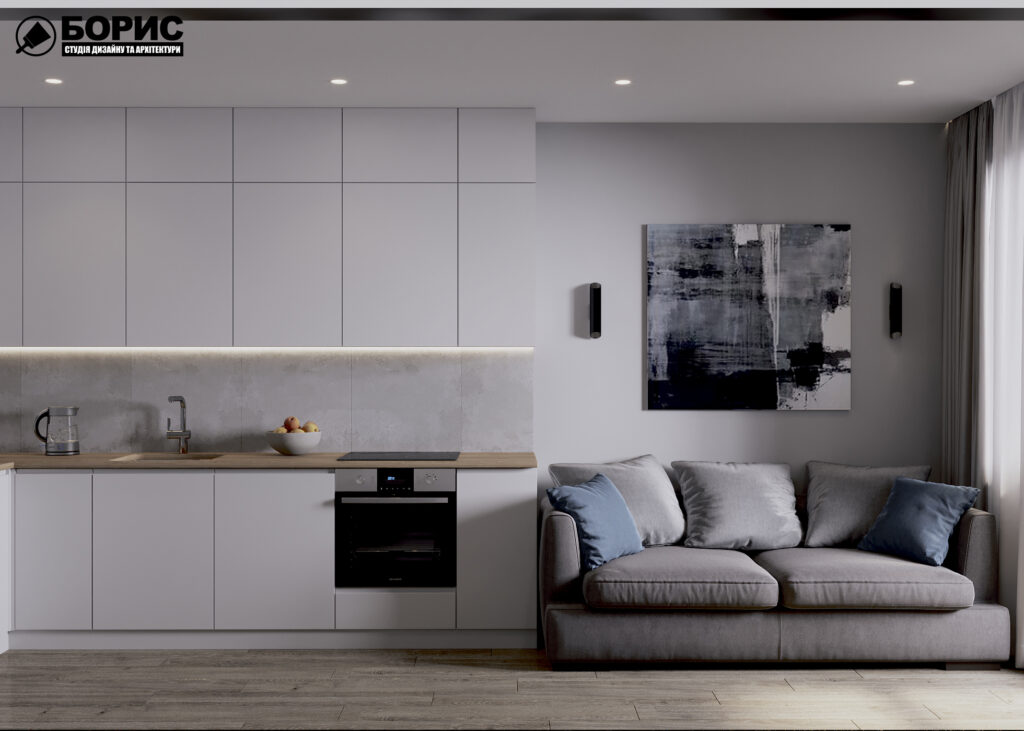 Дизайн интерьера однокомнатной квартиры ЖК «Черёмушки», кухня-гостиная, вид слева