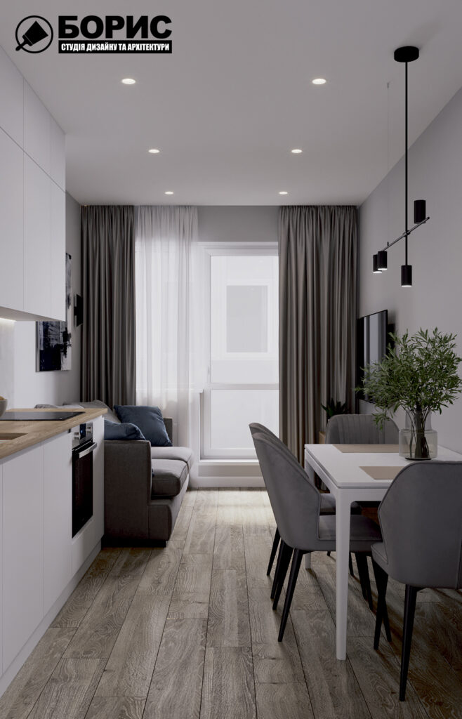 Дизайн интерьера однокомнатной квартиры ЖК «Черёмушки», кухня-гостиная, вид спереди