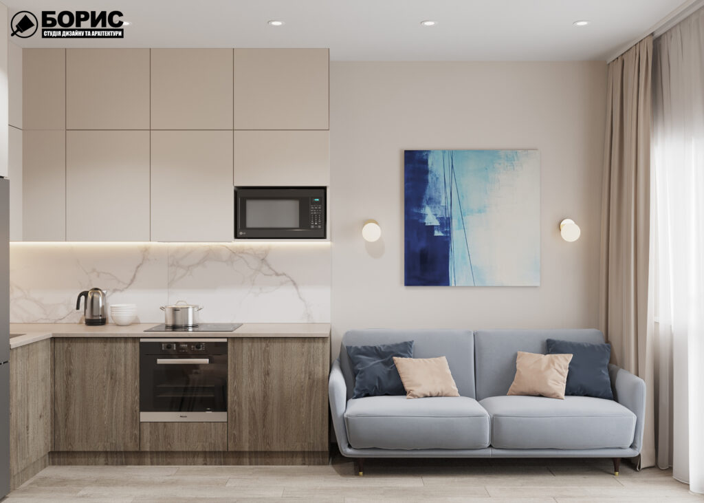 Дизайн интерьера однокомнатной квартиры ЖК «Меридиан», кухня вид слева