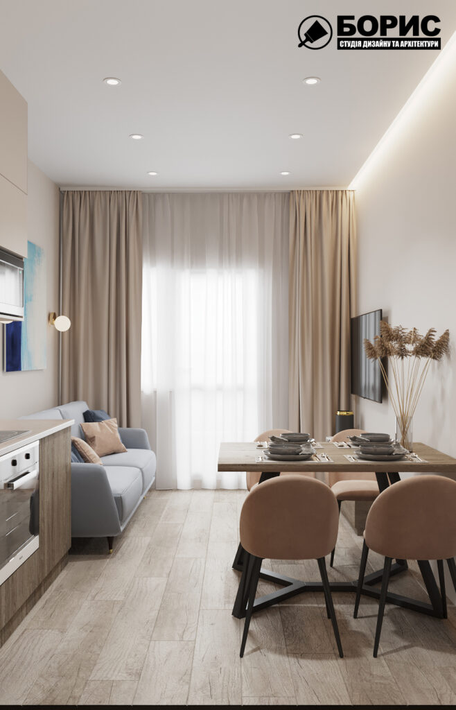 Дизайн интерьера однокомнатной квартиры ЖК «Меридиан», кухня вид спереди