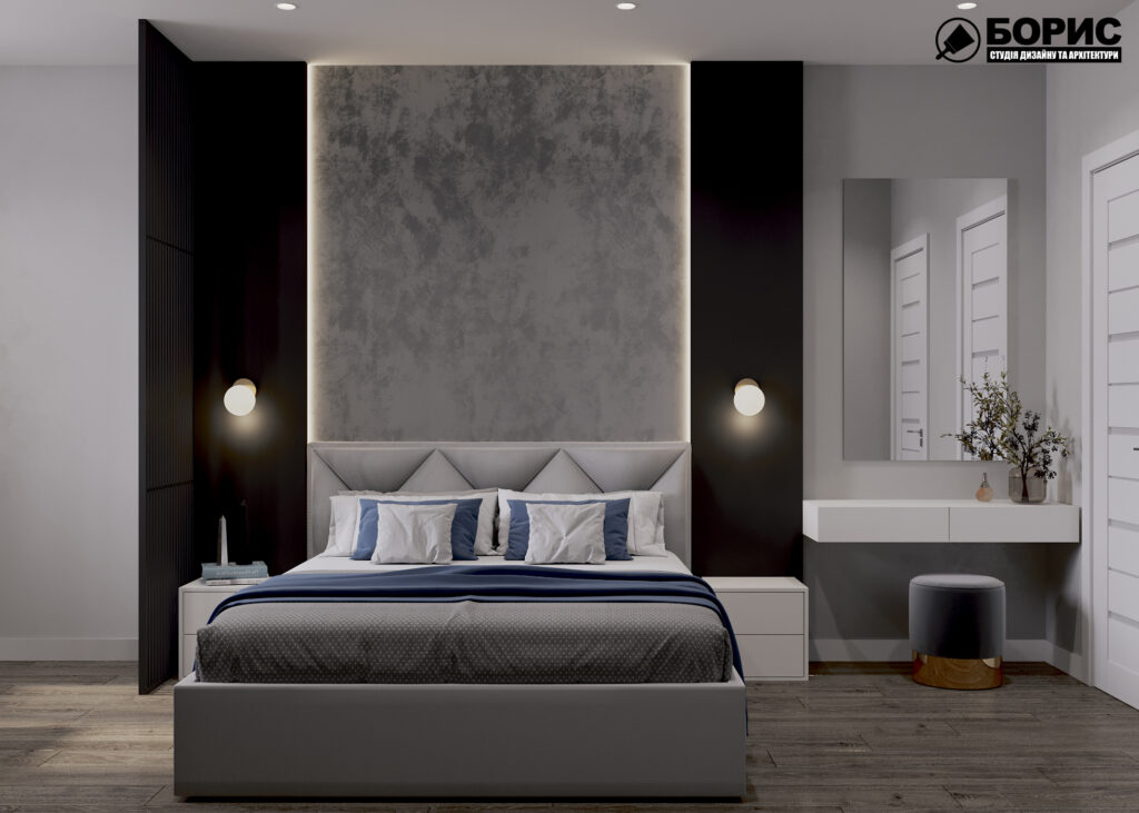 Дизайн інтер'єру однокімнатної квартири ЖК «Черемушки», спальня вид справа
