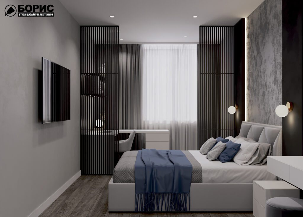 Дизайн интерьера однокомнатной квартиры ЖК «Черёмушки», спальня вид спереди