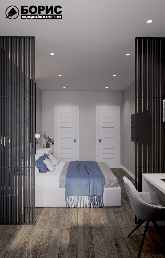 Дизайн интерьера однокомнатной квартиры ЖК «Черёмушки», спальня вид сзади