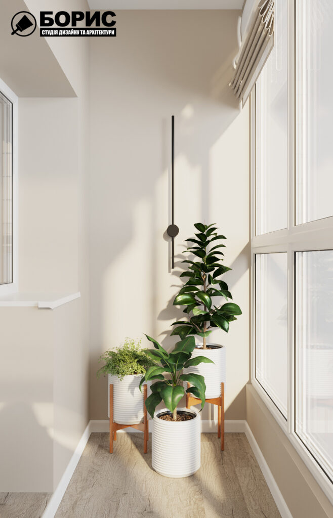 Дизайн інтер'єру однокімнатної квартири ЖК «Меридіан», балкон вид зліва