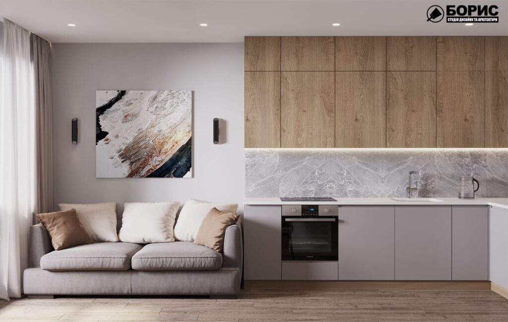 Дизайн-проект интерьера квартиры ЖК «Черёмушки», кухня-гостиная вид в целом