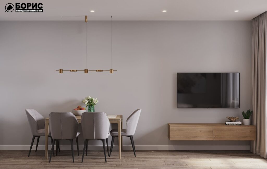 Дизайн-проект интерьера квартиры ЖК «Черёмушки», кухня-гостиная вид на стол