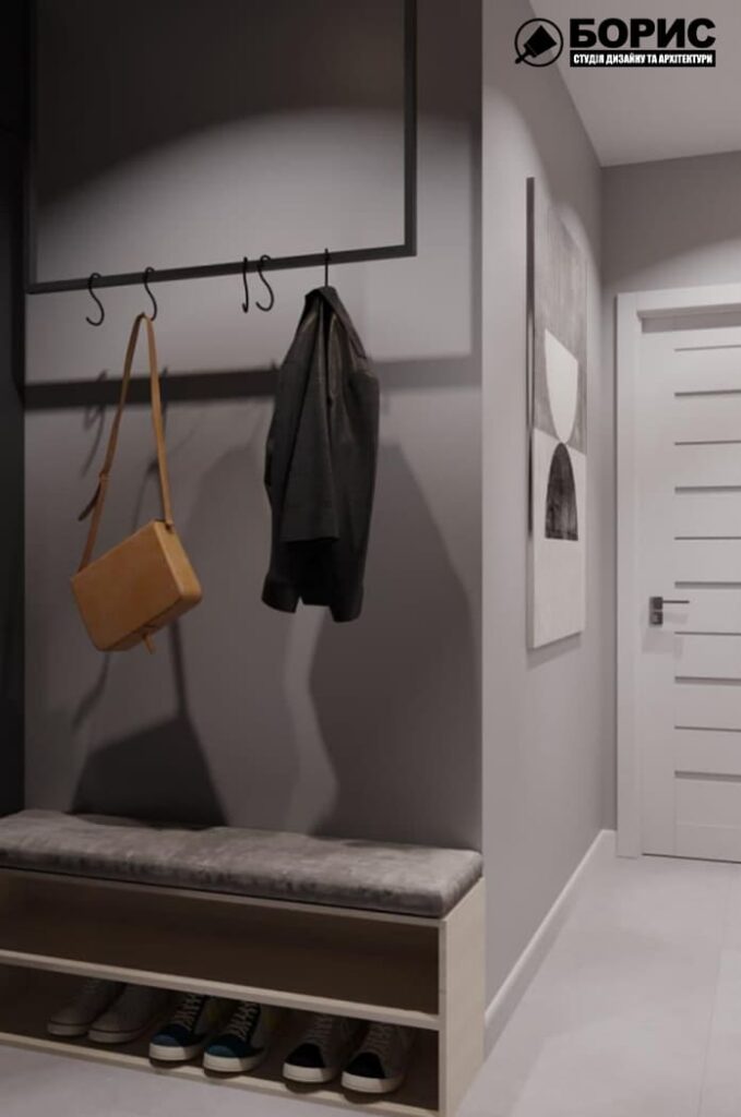 Дизайн-проект интерьера квартиры ЖК «Черёмушки», коридор вешалка с одеждой