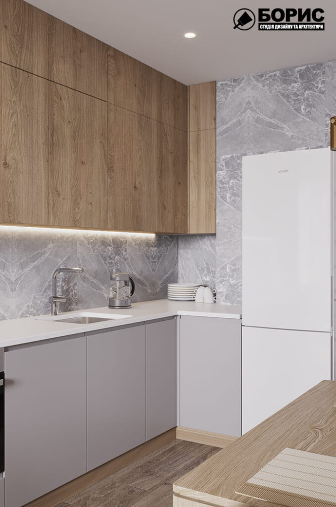 Дизайн-проект интерьера квартиры ЖК «Черёмушки», кухня-гостиная рабочая поверхность кухни