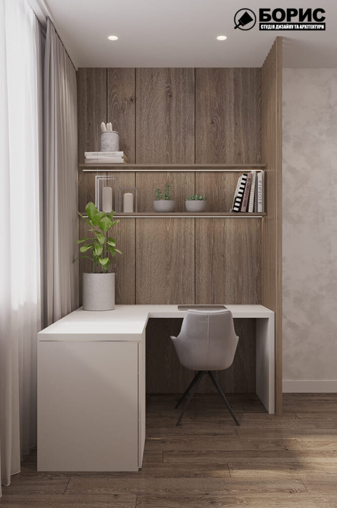 Дизайн-проект интерьера квартиры ЖК «Черёмушки», спальня вид на рабочий стон