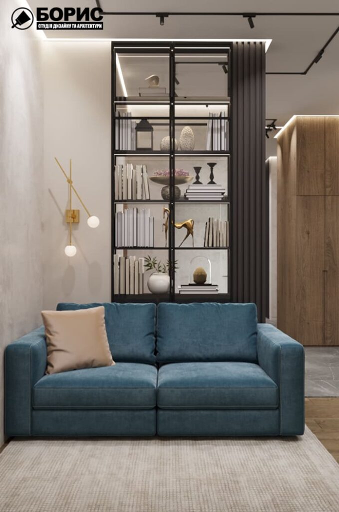 Дизайн-проект інтер'єру квартири ЖК «Фелічіта», кухня-вітальня вид на диван