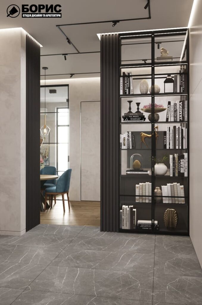 Дизайн-проект інтер'єру квартири ЖК «Фелічіта», кухня-вітальня вид на поличку