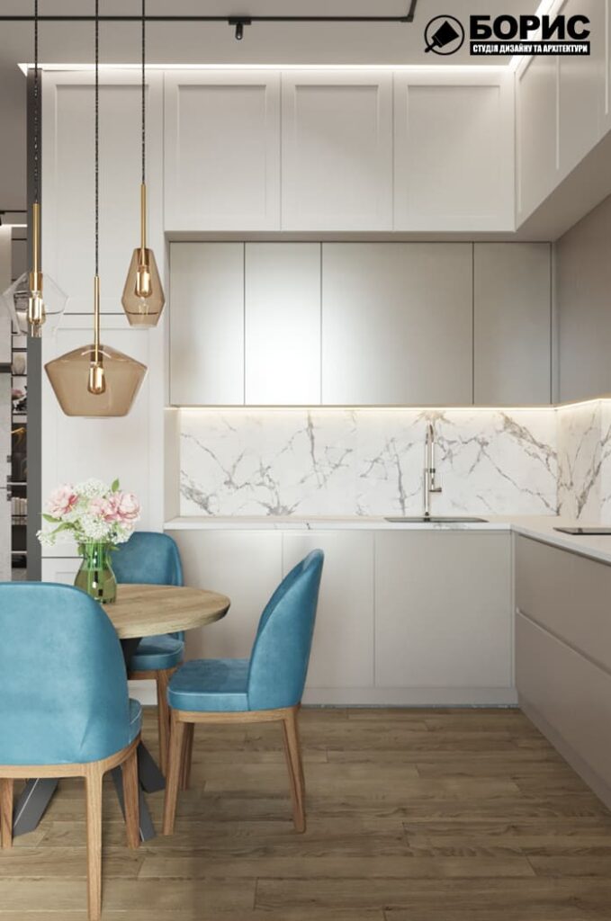 Дизайн-проект інтер'єру квартири ЖК «Фелічіта», кухня-вітальня вид на зону кухні