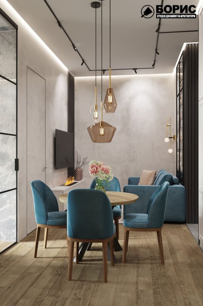 Дизайн-проект інтер'єру квартири ЖК «Фелічіта», кухня-вітальня вид на стіл і стільці