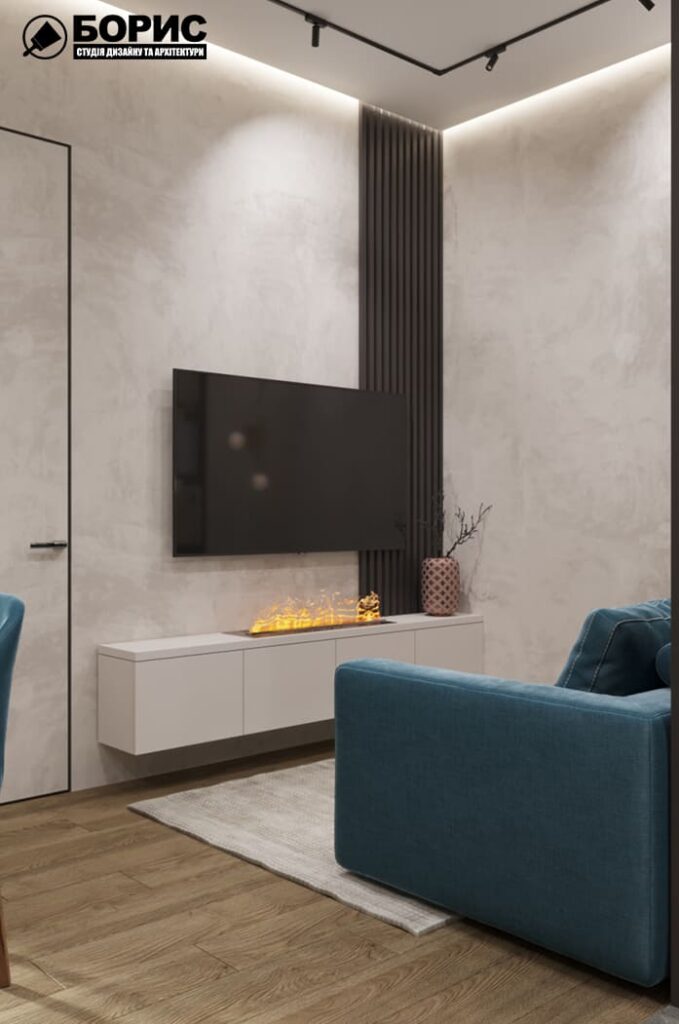 Дизайн-проект интерьера квартиры ЖК «Феличита», кухня-гостиная вид на камин