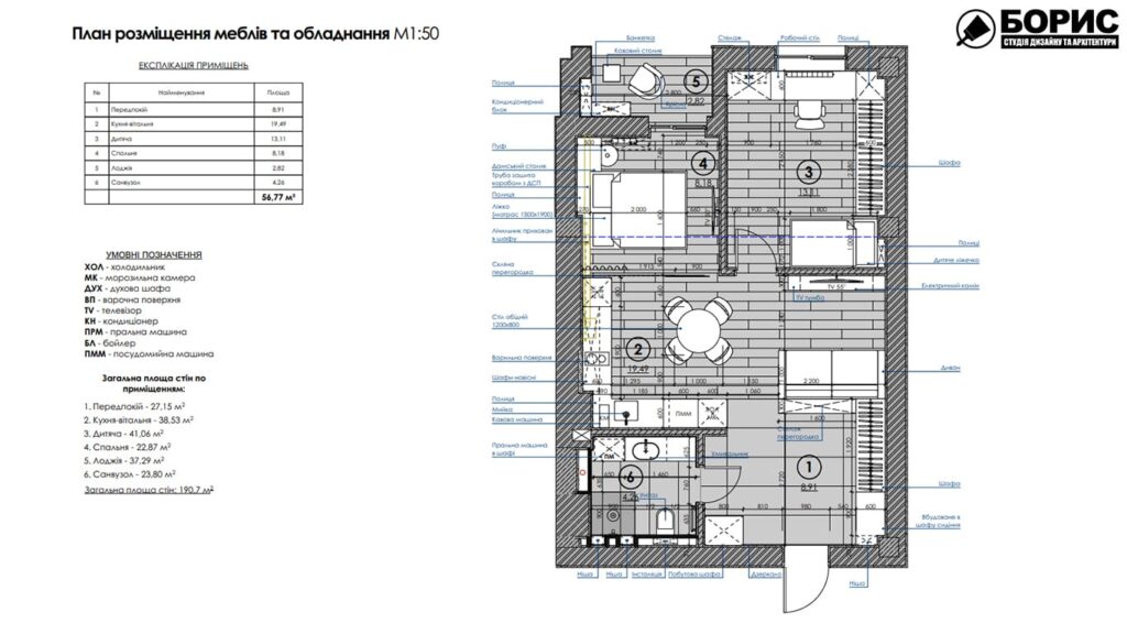 Дизайн-проект інтер'єру квартири ЖК «Фелічіта», план розміщення меблів