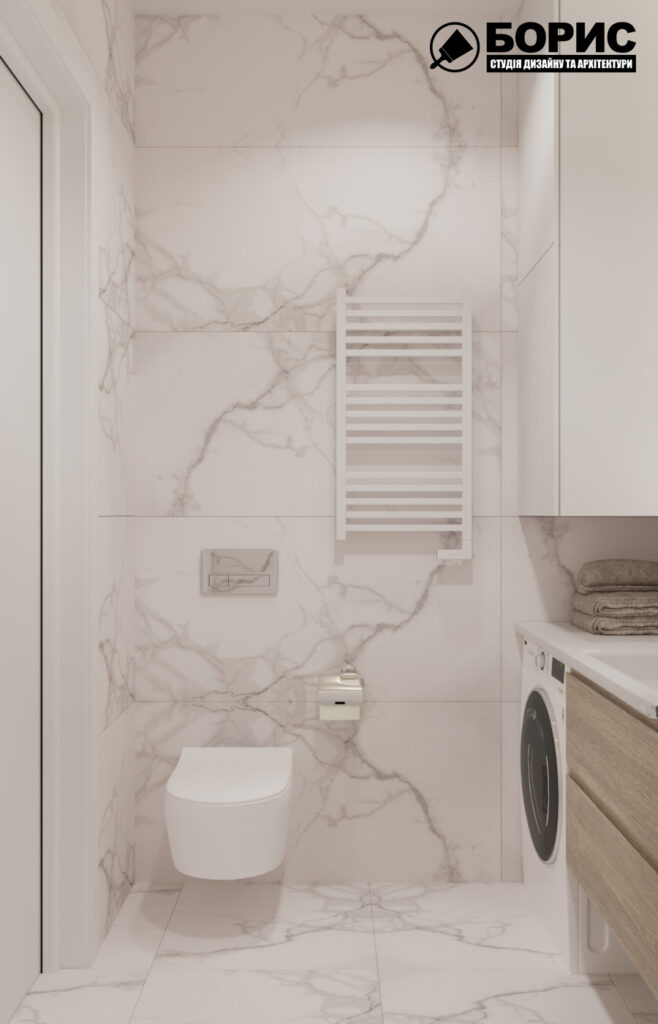 Дизайн интерьера однокомнатной квартиры ЖК «Меридиан», санузел вид слева