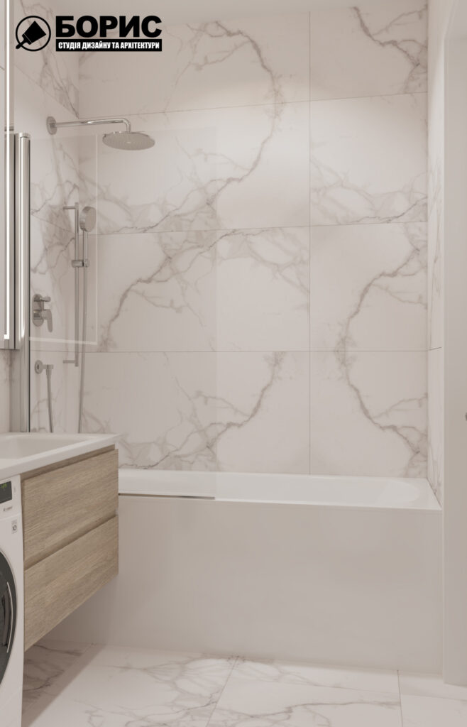 Дизайн интерьера однокомнатной квартиры ЖК «Меридиан», санузел вид справа