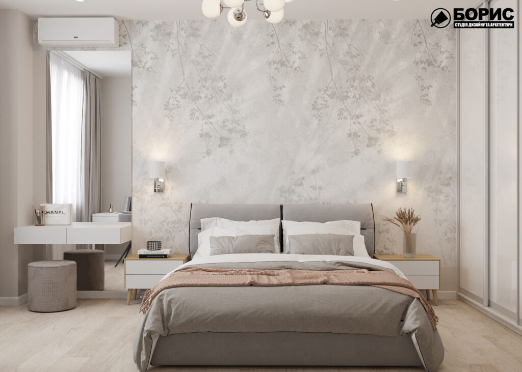 Дизайн інтер'єру однокімнатної квартири ЖК «Меридіан», спальня вид справа