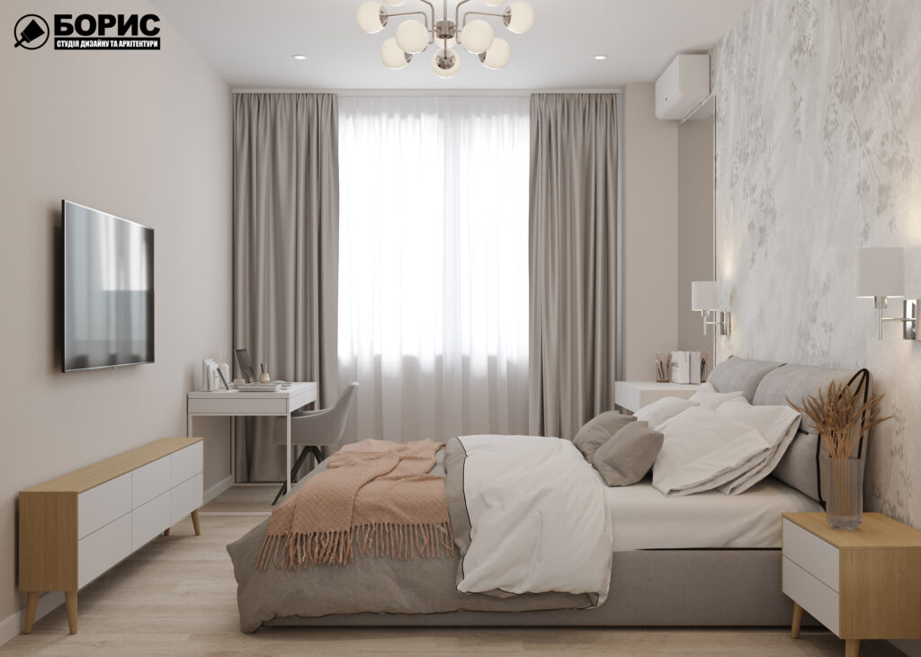 Дизайн інтер'єру однокімнатної квартири ЖК «Меридіан», спальня вид спереду