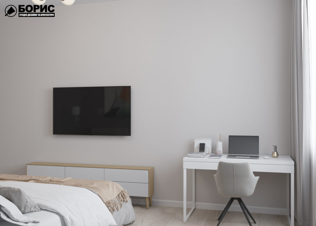 Дизайн інтер'єру однокімнатної квартири ЖК «Меридіан», спальня вид зліва
