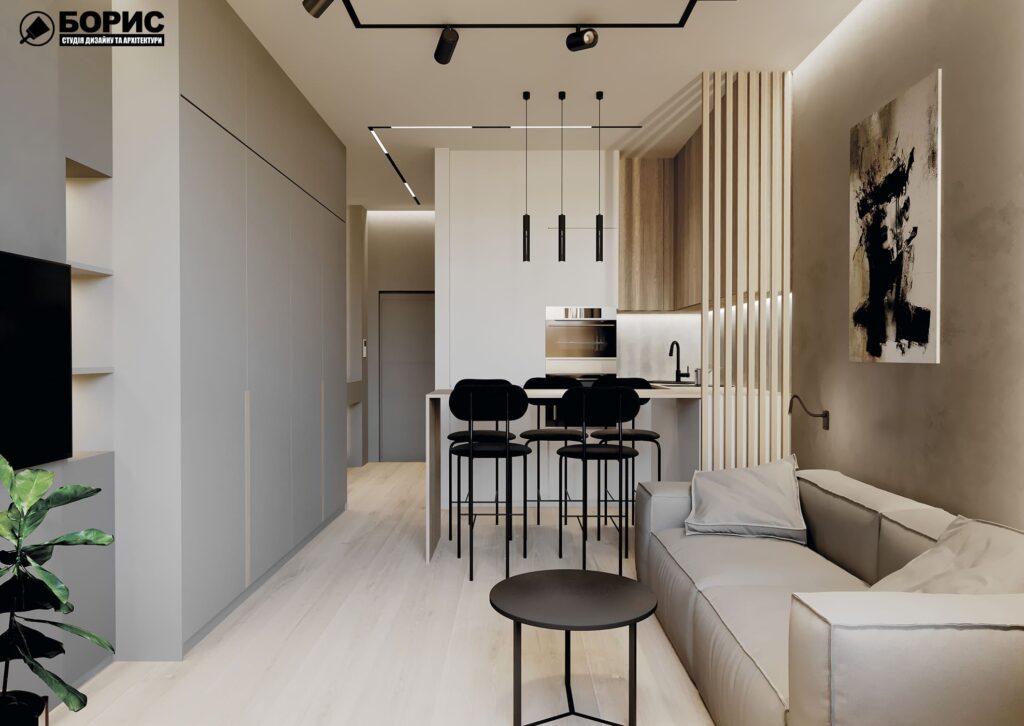 Дизайн-проект квартиры ЖК «Магистр», кухня-гостиная вид на выход