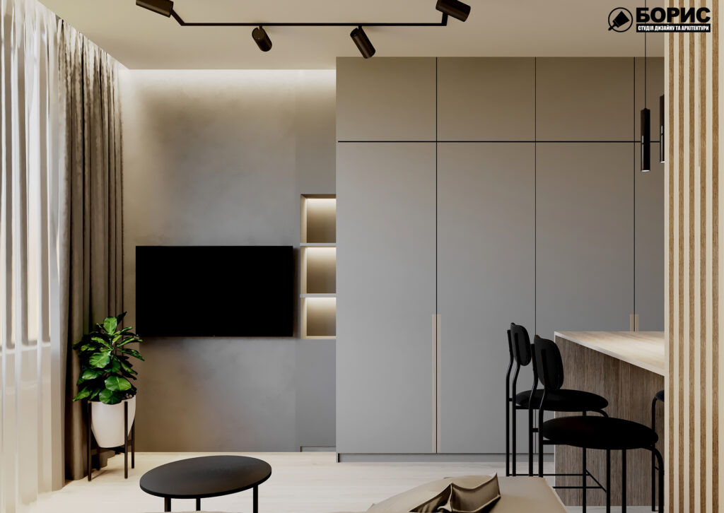 Дизайн-проект квартири ЖК «Магістр», кухня-вітальня вид на телевізор
