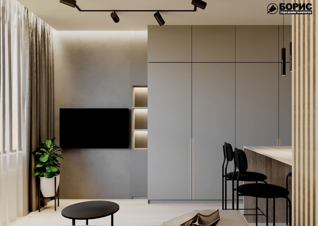 Дизайн-проект квартиры ЖК «Магистр», кухня-гостиная вид на телевизор