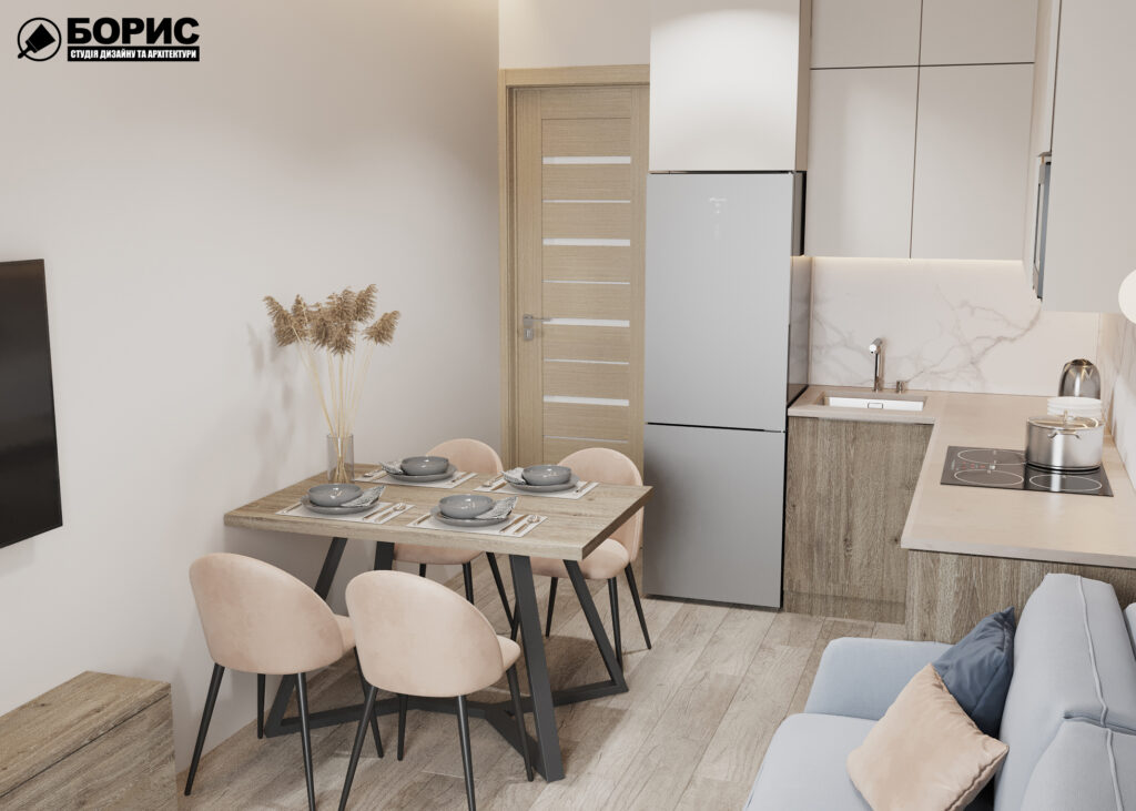 Дизайн інтер'єру однокімнатної квартири ЖК «Меридіан», кухня вид ззаду