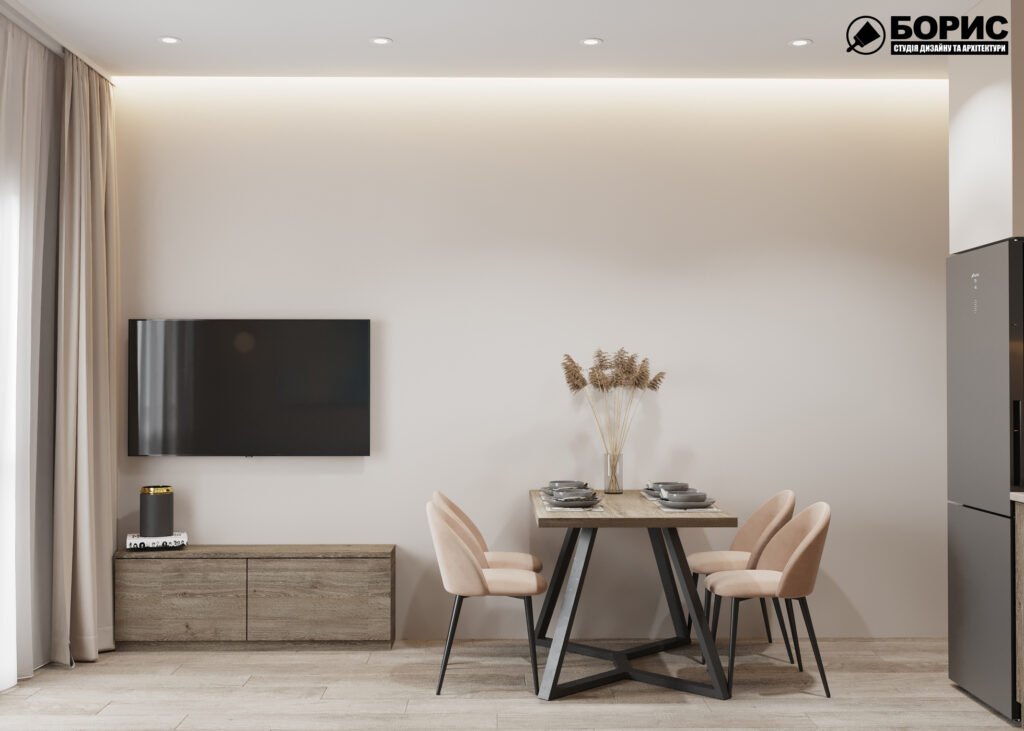 Дизайн інтер'єру однокімнатної квартири ЖК «Меридіан», кухня вид справа