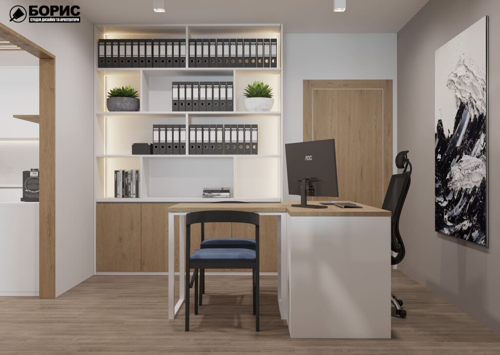 Дизайн интерьера шоурума, кабинет вид на полки