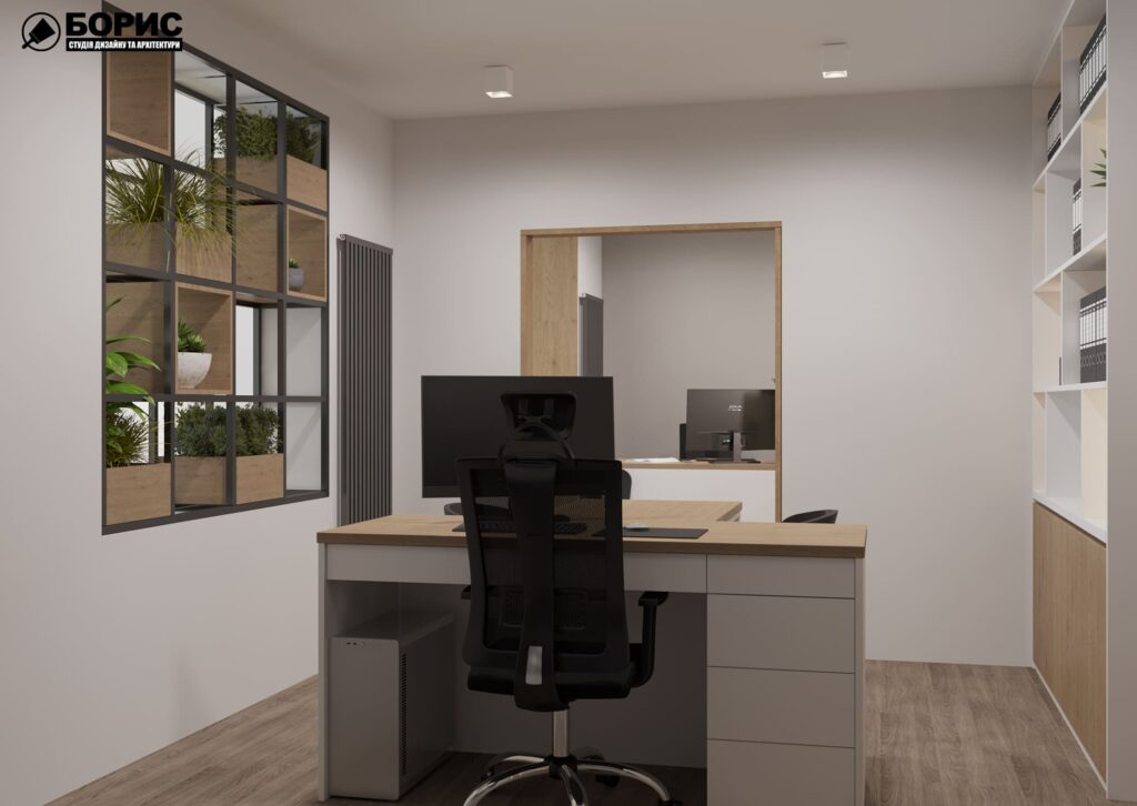 Дизайн интерьера шоурума, кабинет вид с рабочего места