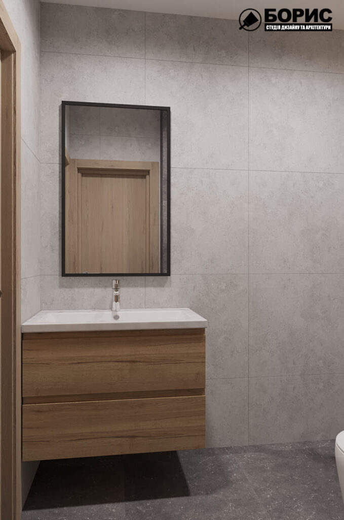 Дизайн интерьера шоурума, санузел вид на зеркало