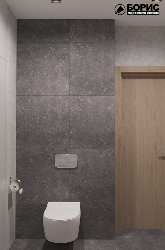 Дизайн интерьера шоурума, санузел вид на унитаз по центру