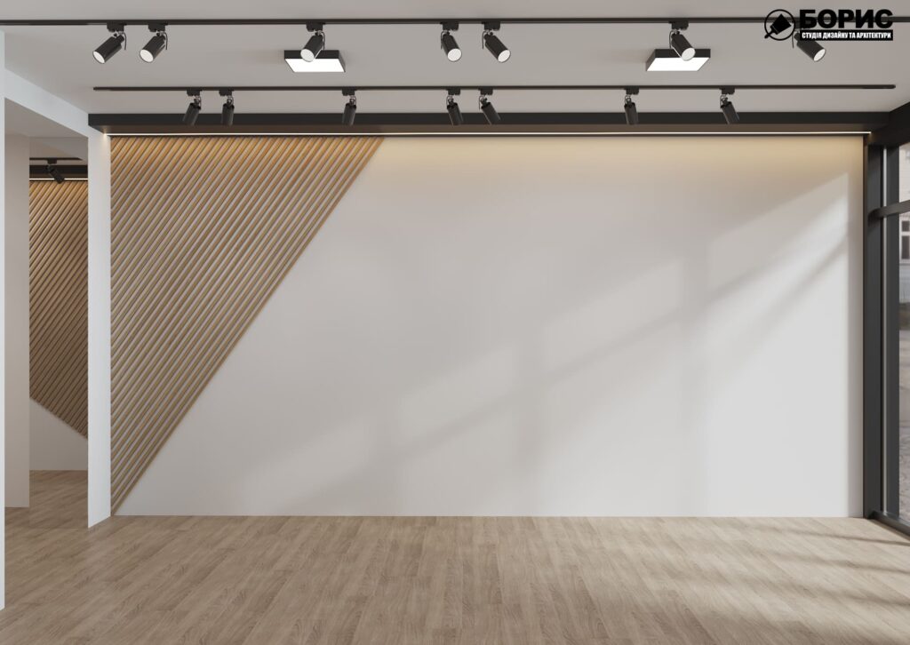 Дизайн интерьера шоурума, зал под аренду вид на стену по центру
