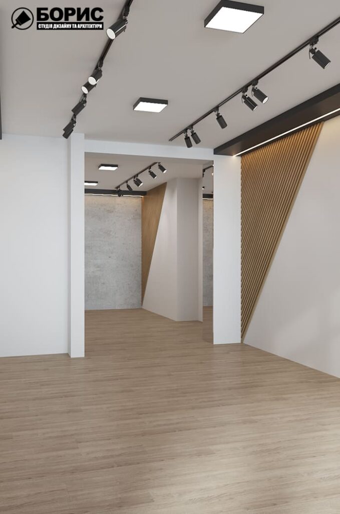 Дизайн интерьера шоурума, зал под аренду вид на коридор