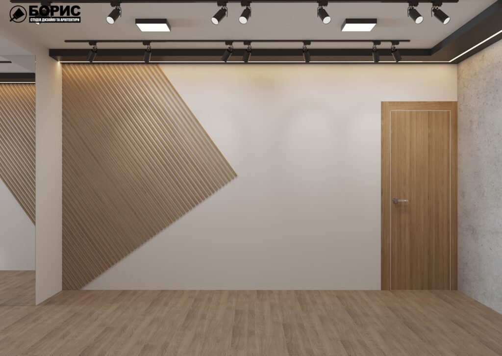 Дизайн интерьера шоурума, зал под аренду дверь и рисунок на стене
