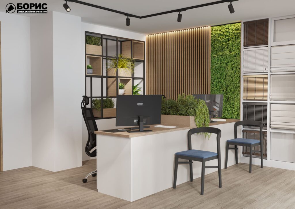 Дизайн интерьера шоурума, торговый зал вид на витражи