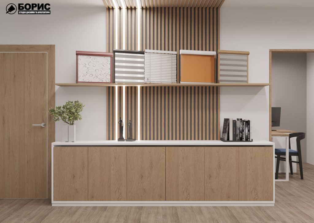 Дизайн интерьера шоурума, торговый зал вид на полки