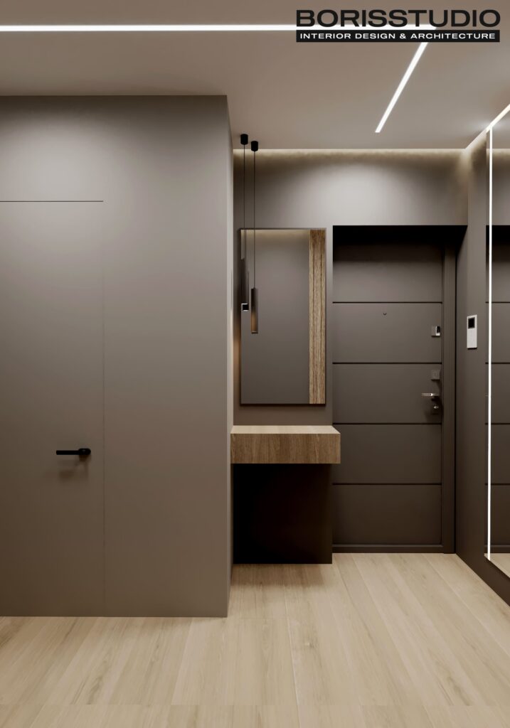 Дизайн-проект однокімнатної квартири ЖК «Гідропарк», передпокій вид ззаду