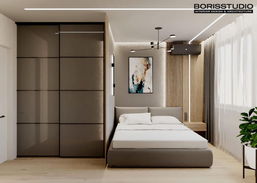 Дизайн-проект однокомнатной квартиры ЖК «Гидропарк», спальня вид слева