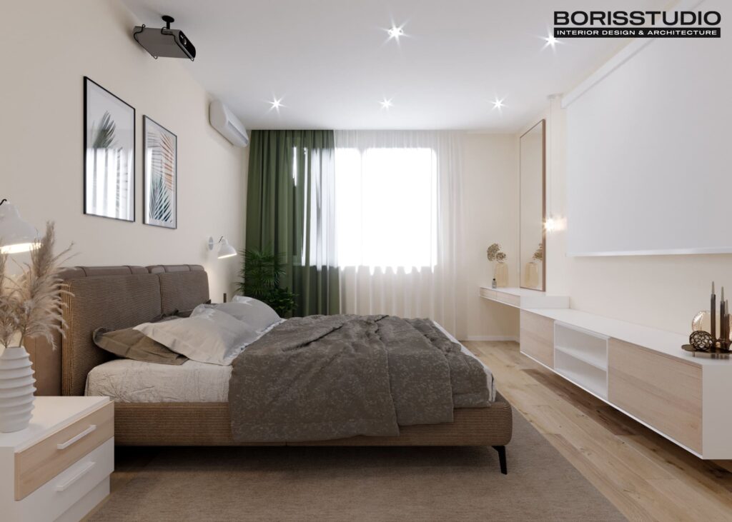 Дизайн інтер'єру однокімнатної квартири ЖК «Перемоги 2», спальня вид спереду