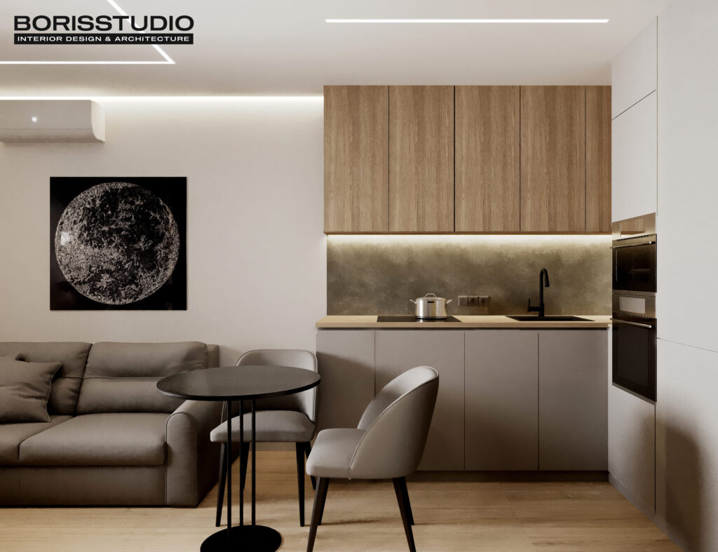 Дизайн-проект однокімнатної квартири ЖК «Гідропарк», кухня-вітальня вид справа