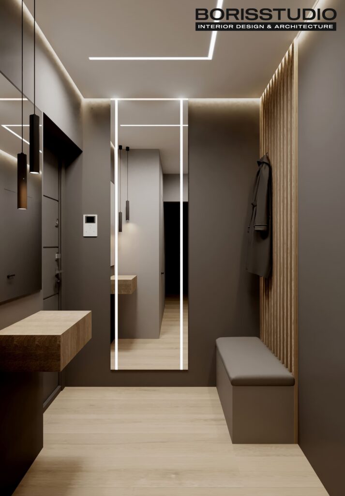 Дизайн-проект однокімнатної квартири ЖК «Гідропарк», передпокій вид спереду