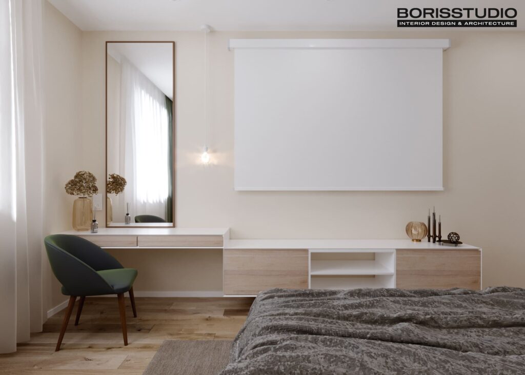 Дизайн интерьера однокомнатной квартиры ЖК «Победы 2», спальня вид справа