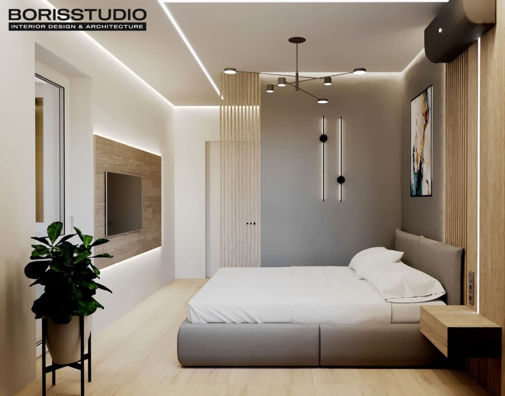 Дизайн-проект однокімнатної квартири ЖК «Гідропарк», спальня вид збоку