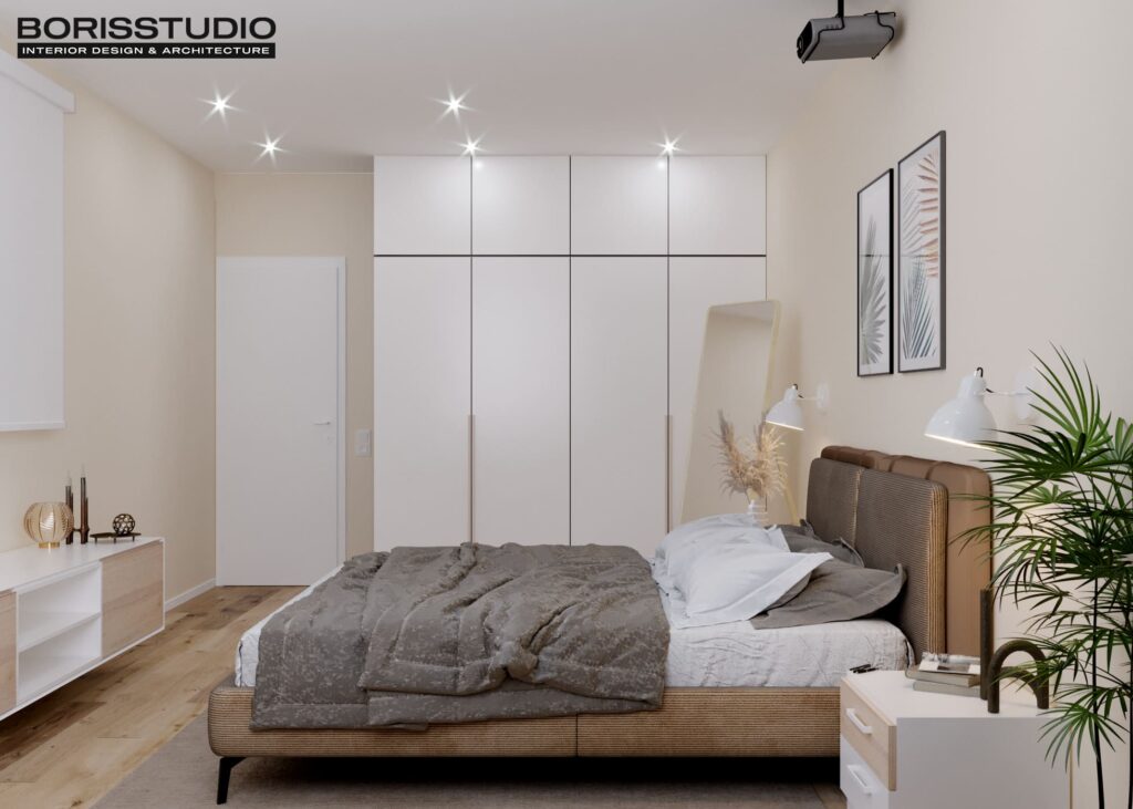 Дизайн інтер'єру однокімнатної квартири ЖК «Перемоги 2», спальня вид ззаду