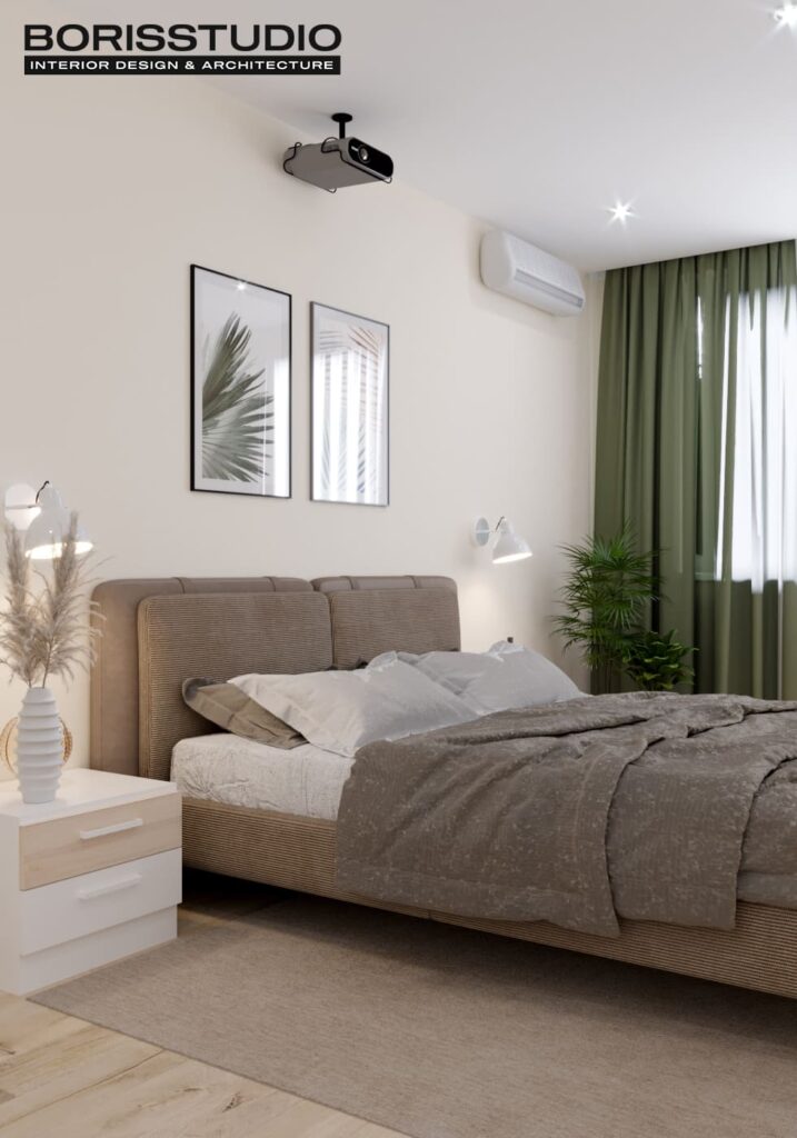 Дизайн интерьера однокомнатной квартиры ЖК «Победы 2», спальня вид сбоку