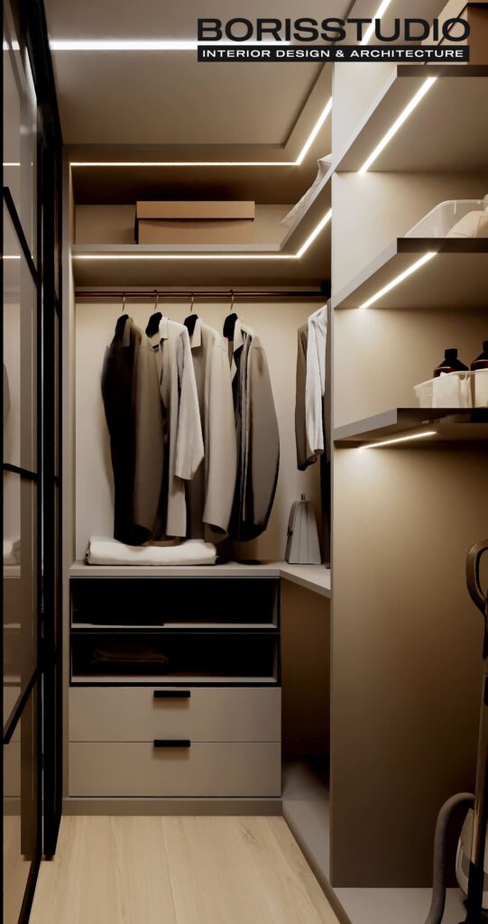 Дизайн-проект однокомнатной квартиры ЖК «Гидропарк», гардеробная вид слева